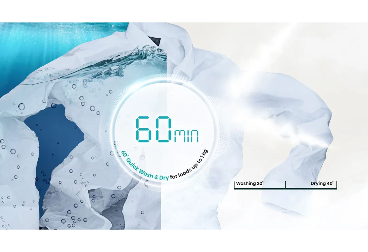 Απεικονίζεται ρούχο να πλένεται και να στεγνώνει και εικονίδιο να δείχνει 60min.